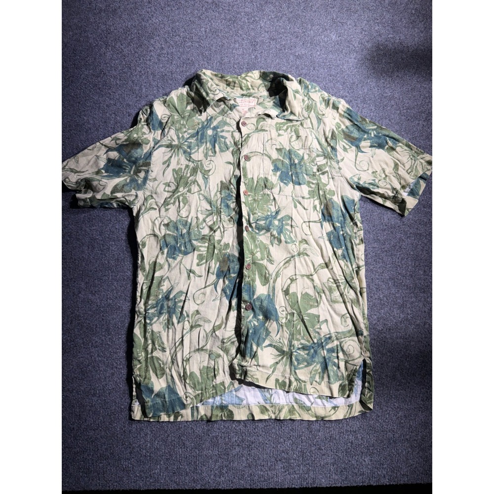 Boca Classics Mens Hemp Bamboo Floral Hawaiian Shirt Green Blue Short Sleeve M